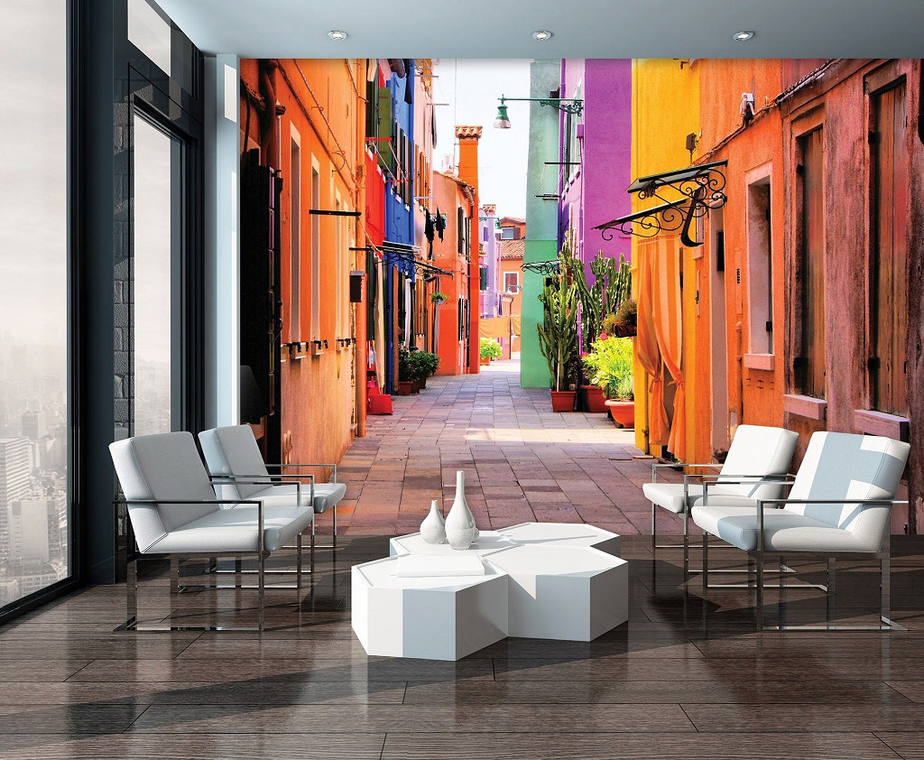 Флизелиновые фото обои 3 д город 368x254 см Узкая цветная улочка Бурано Венеция (10745V8)+клей