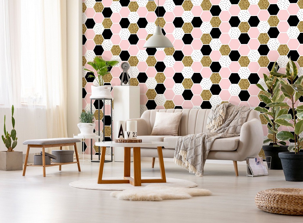 Геометричні флізелінові фотошпалери соти 312x219 см Декор із шестикутної мозаїки (10754VEXXL) +клей