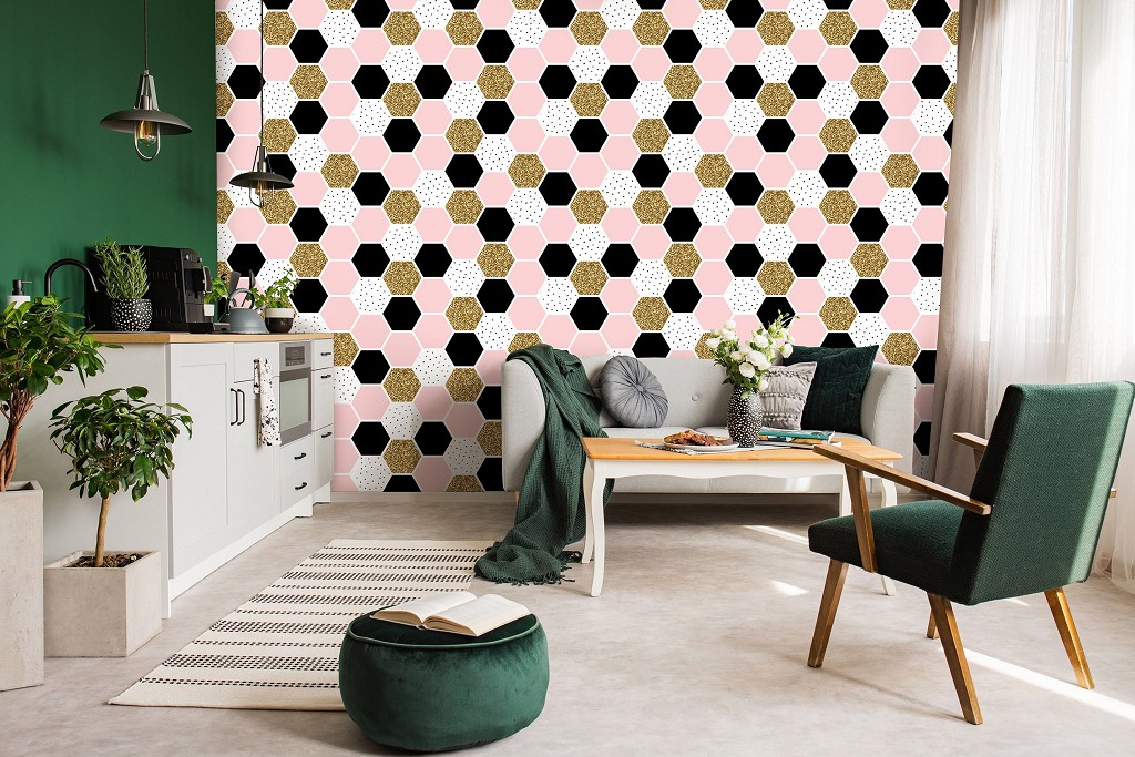 Флизелиновые фотообои в интерьере соты 416x254 см Декор из шестиугольной мозаики (10754VEXXXL) +клей