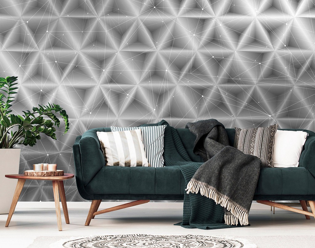 3д флізелінові фотошпалери фото 254x184 см Сірі абстрактні трикутники (10757V4)+клей