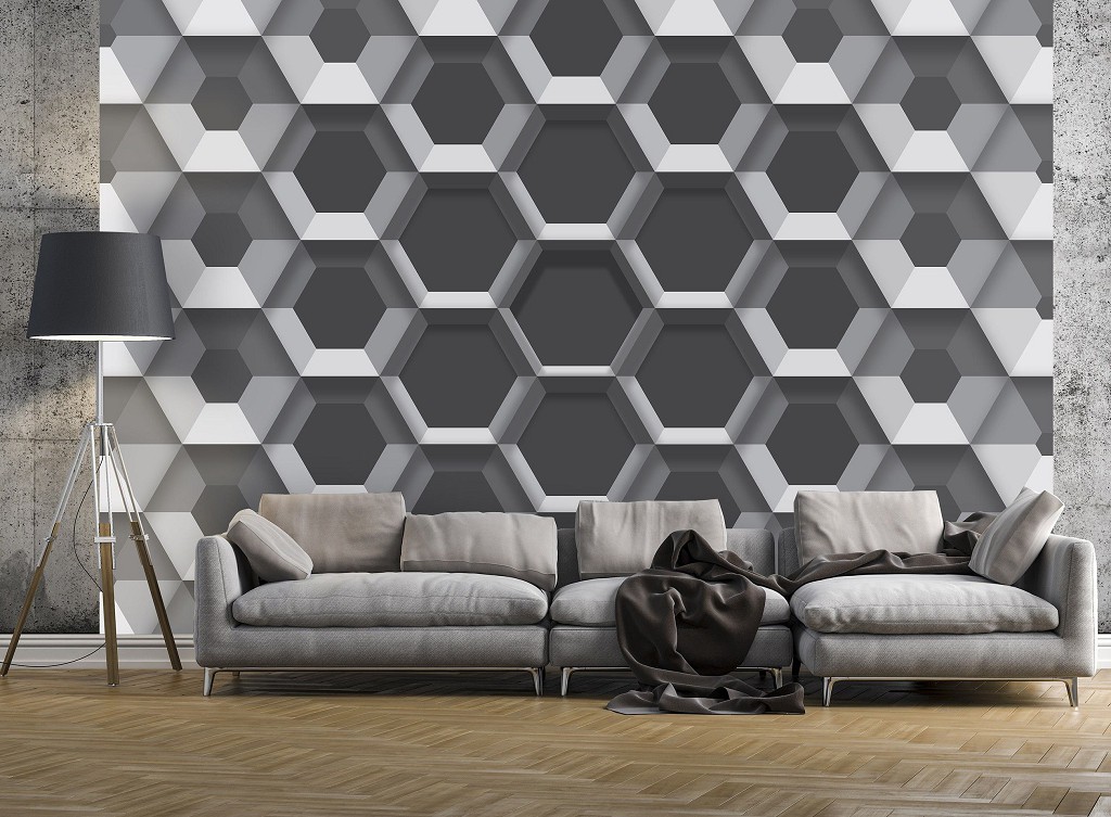3 д соты флизелиновые фотообои 416x254 см узор из серых шестиугольников (10761VEXXXL) +клей