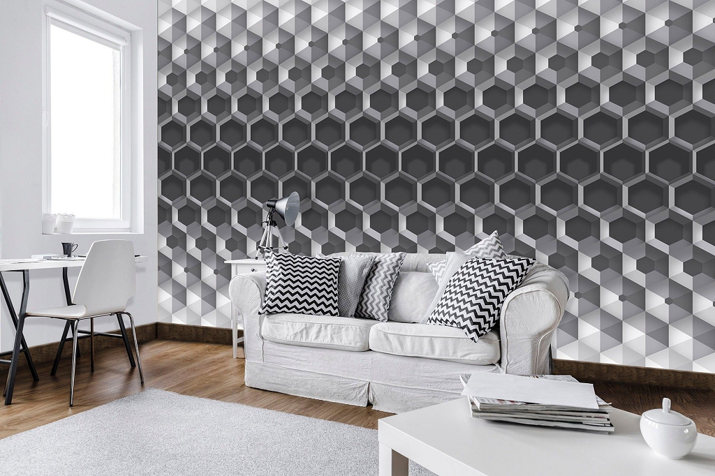 Флізелінові фотошпалери геометрія соти 520x318 см 3D візерунок із сірих шестигранників (10762VEXXXXXL) +клей
