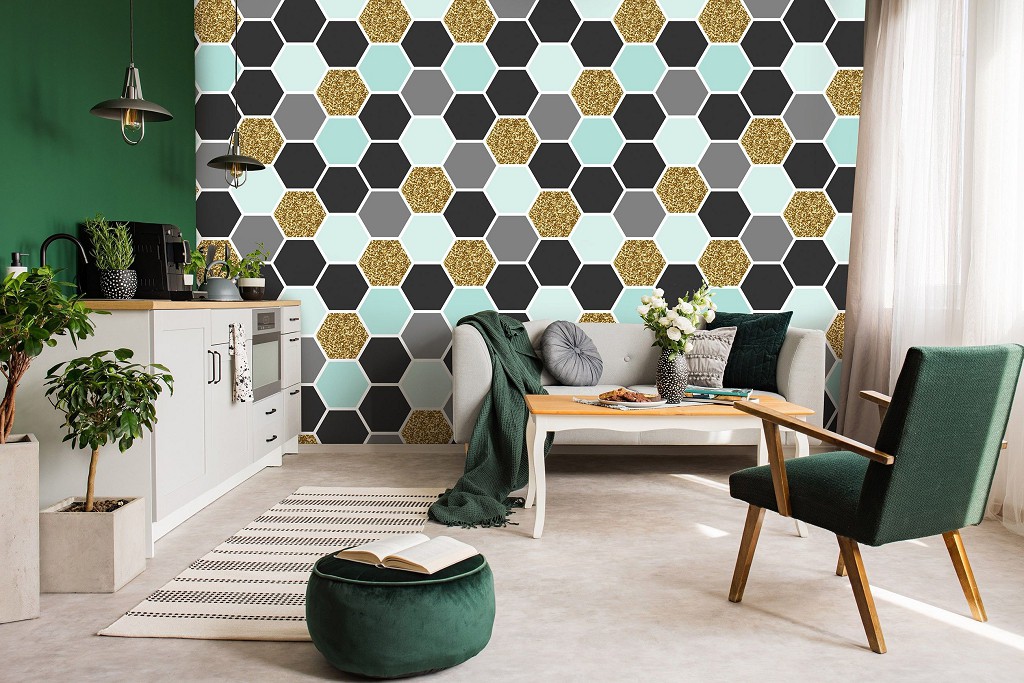 Флізелінові фотошпалери геометрія в дитячу шестикутники 312x219 см Абстракція різнокольорові соти (10784VEXXL) +клей