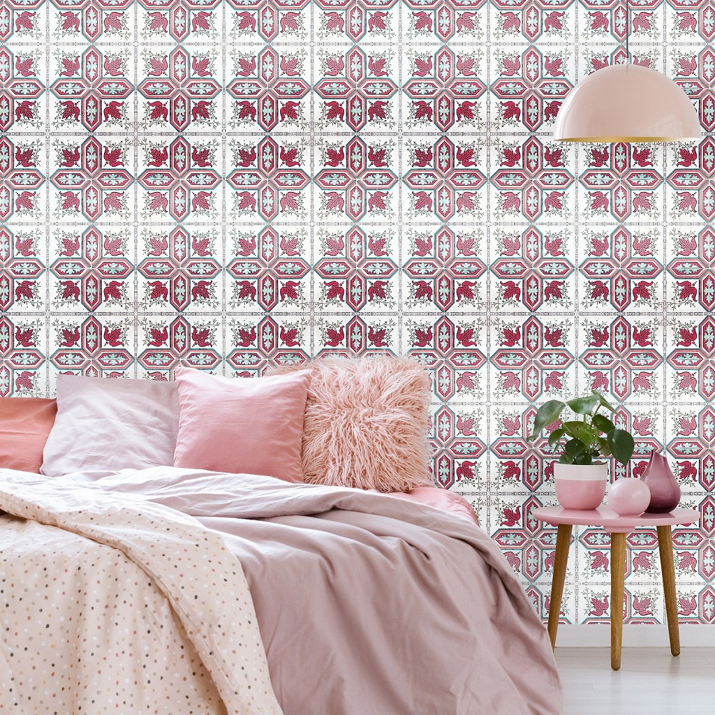 Флізелінові фотошпалери геометрія 254x184 см Червоно білий малюнком під плитку (10802V4)+клей