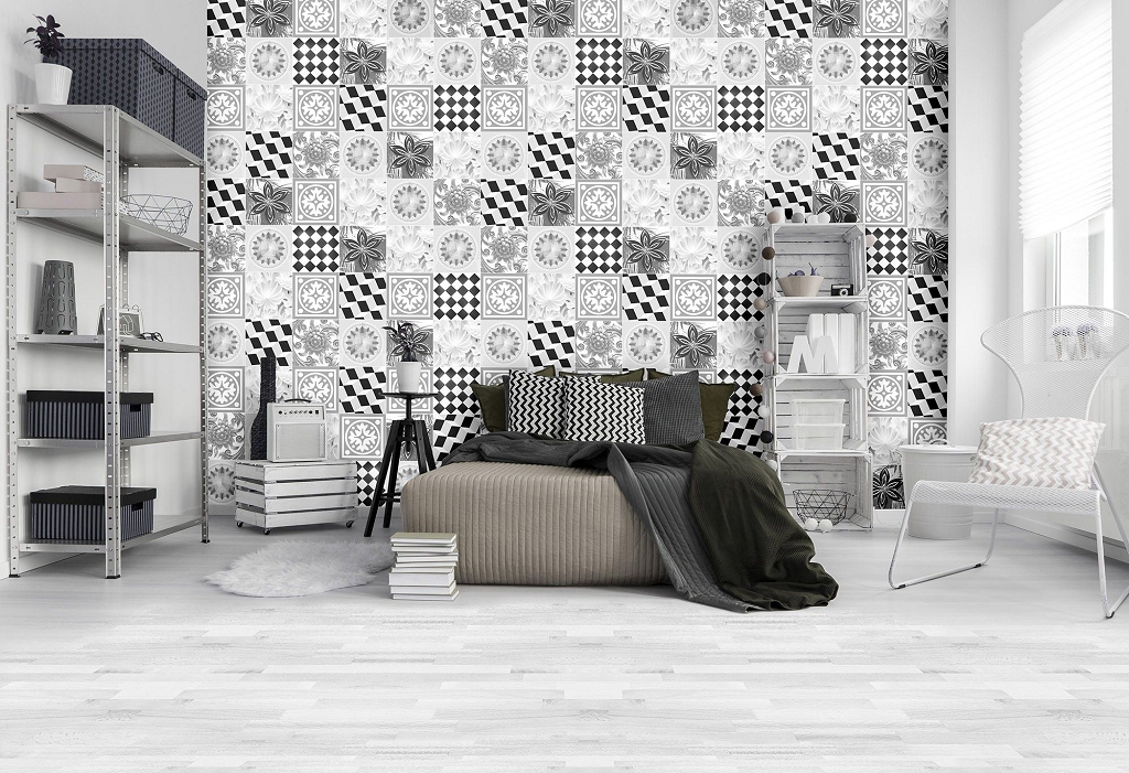 Флізелінові фотошпалери в клітку на кухні фото 416x254 см Чорно-біла плитка - мозаїка (10855VEXXXL) +клей