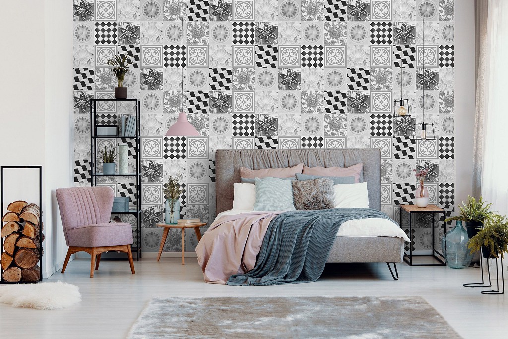 Флізелінові фотошпалери 368x280 см Чорно-біла плитка - мозаїка (10855V10) +клей