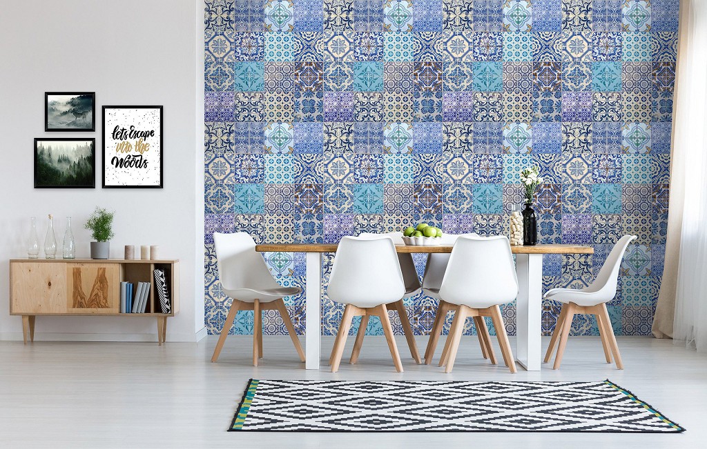 Флізелінові фотошпалери клітка 254x184 см Барвисті сині плитки (10857V4)+клей