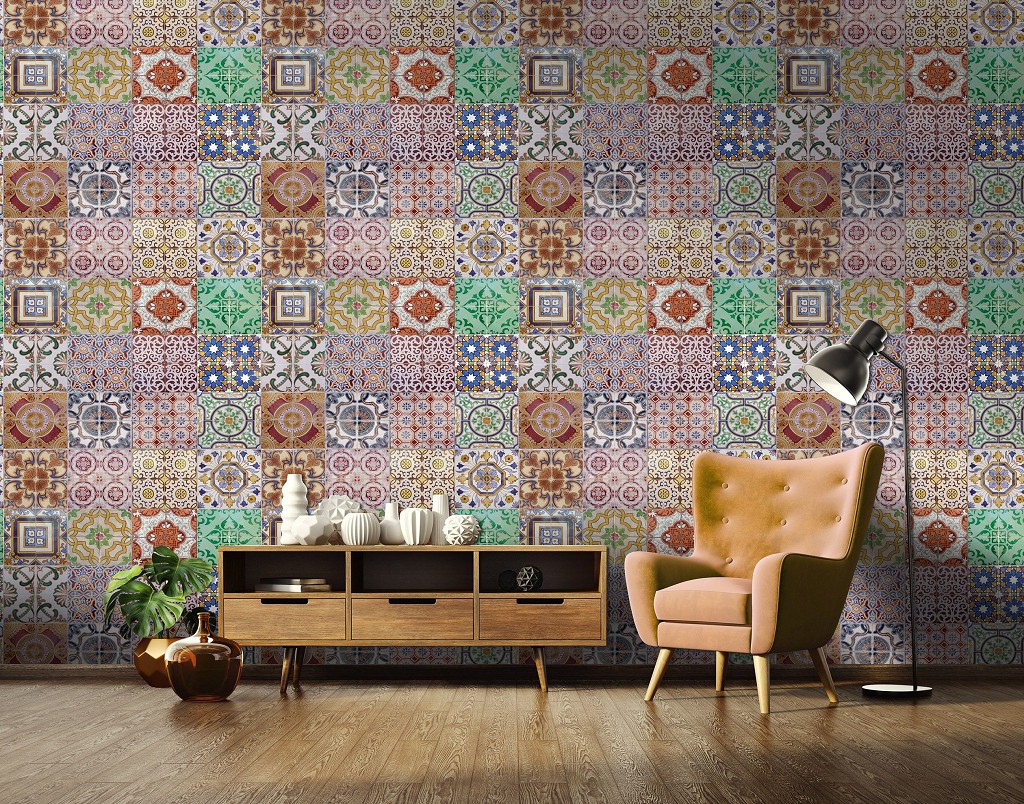 Флізелінові фотошпалери до спальні над ліжком Різнокольорові барвисті плитки (10858V)+клей