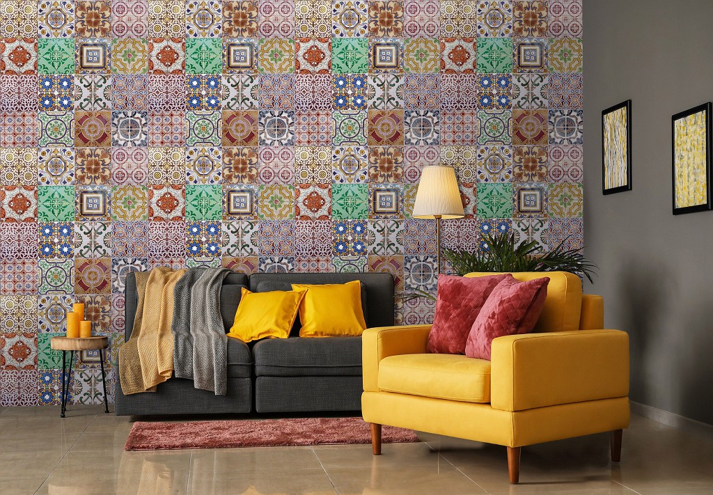 Флізелінові фотошпалери в клітку на кухні фото 254x184 см Різнокольорові барвисті плитки (10858V4)+клей