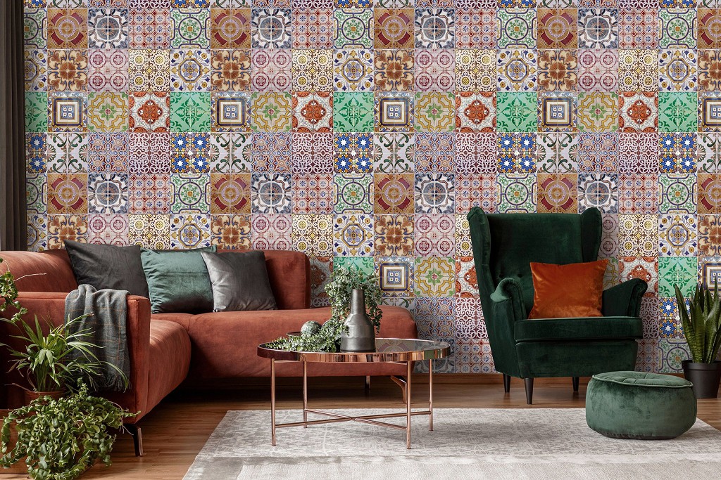 Флизелиновые фотообои абстракция на стену 416x290 см Разноцветные красочные плитки (10858VEXXXXL) +клей