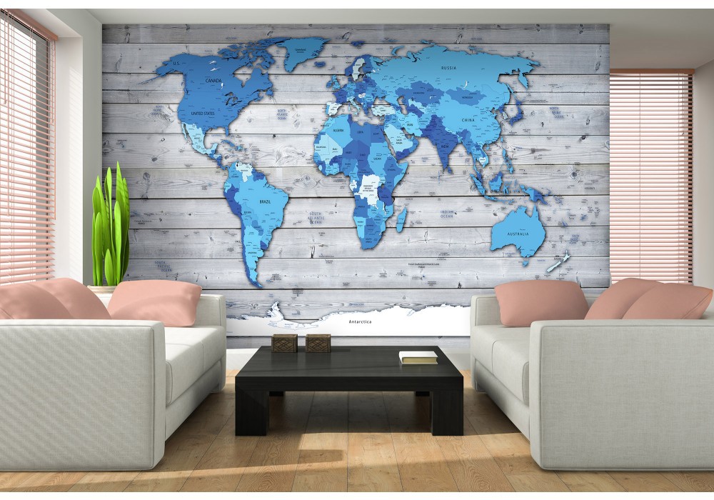 Флізелінові фотошпалери 460x300 см Синя карта світу на сірих дошках (10868V12) +клей