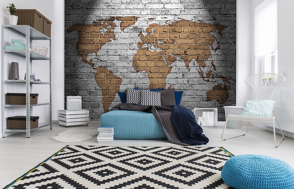 Флизелиновые фотообои на всю стену 416x254 см Карта мира нарисованная на серых кирпичах (10880VEXXXL) +клей