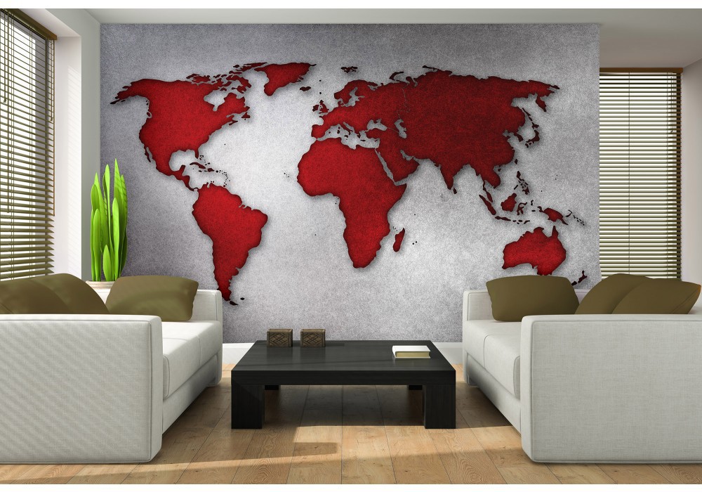 Флизелиновые фотообои 368x280 см Красная карта мира на сером фоне (10893V10) +клей