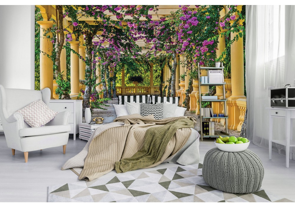 Готовые флизелиновые фотообои 312x219 см Терраса с цветами и желтыми колоннами (10896VEXXL)+клей