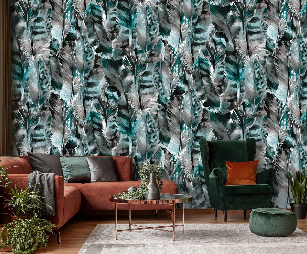 Птахи флізелінові фотошпалери природи 416x254 см Красиві зелені пір'я (10921VEXXXL) +клей