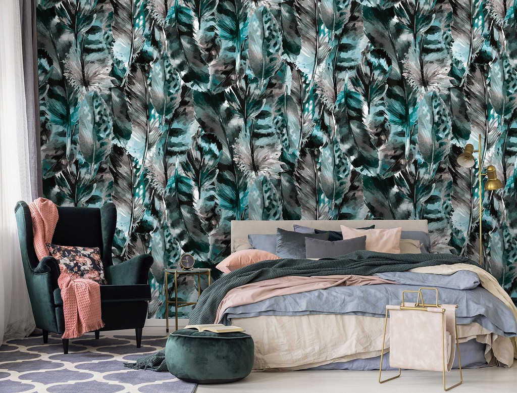 Птахи флізелінові фотошпалери 416x290 см Красиві зелені пір'я (10921VEXXXXL) +клей