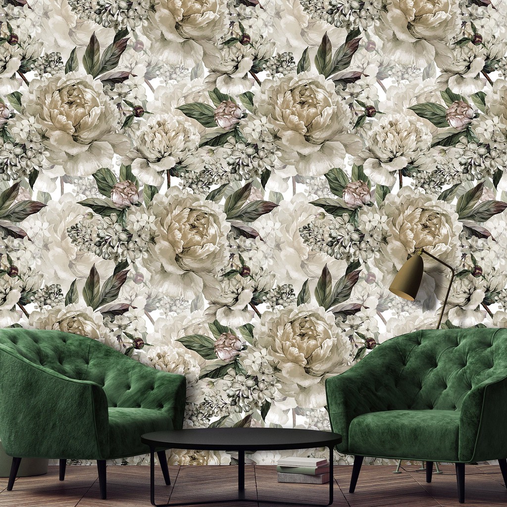 Красиві флізелінові фотошпалери квіти 368x254 см Бежеві півонії (10934V8) +клей