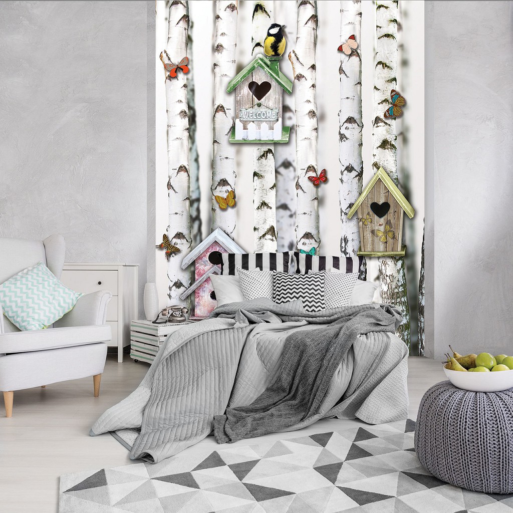 Флизелиновые фотообои природа весна 206x275 см Березовый лес с птицами бабочками и скворечниками (10950VEA) +клей