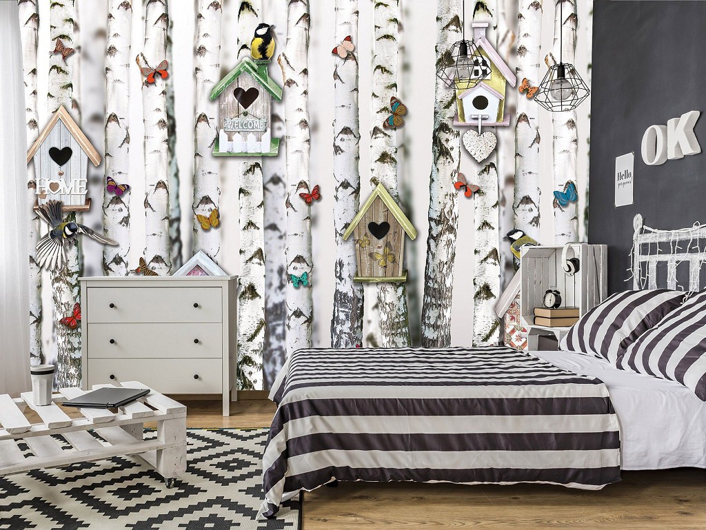 Флизелиновые фотообои в виде дерева 368x254 см Березовый лес с птицами бабочками и скворечниками (10950V8)+клей