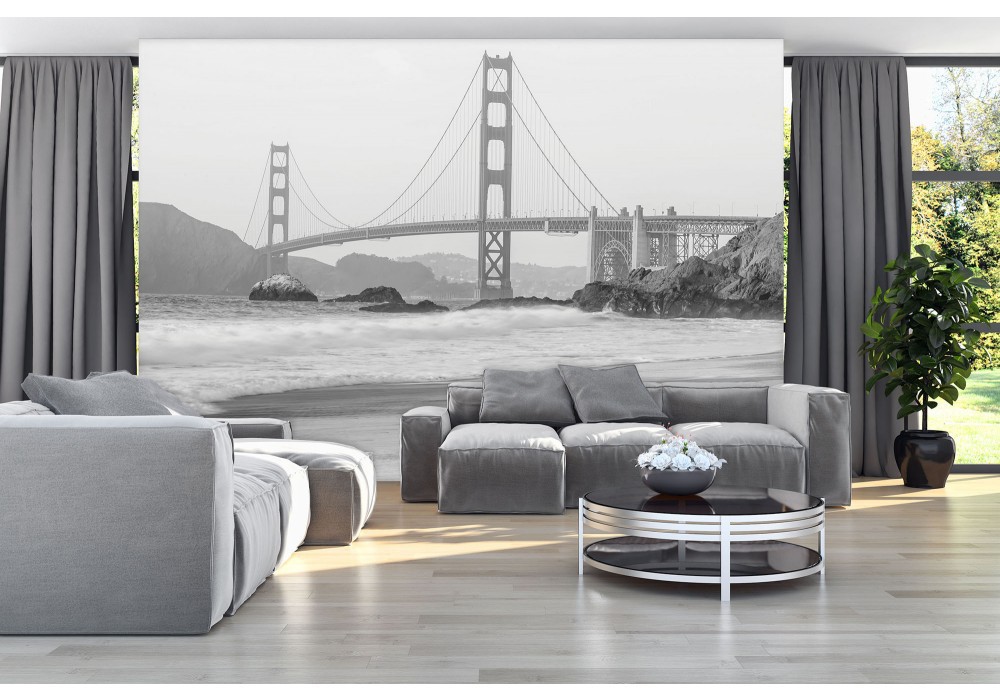 Флізелінові фотошпалери море пляж 254x184 см Чорно-білий міст Золоті ворота (10965V4)+клей