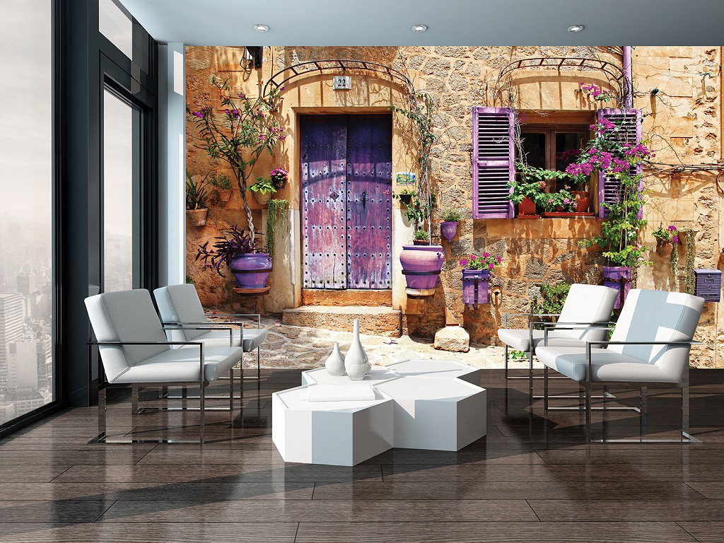 Флізелінові фотошпалери 3д місто квіти 460x300 см Лавандова вулиця (11041V12) +клей