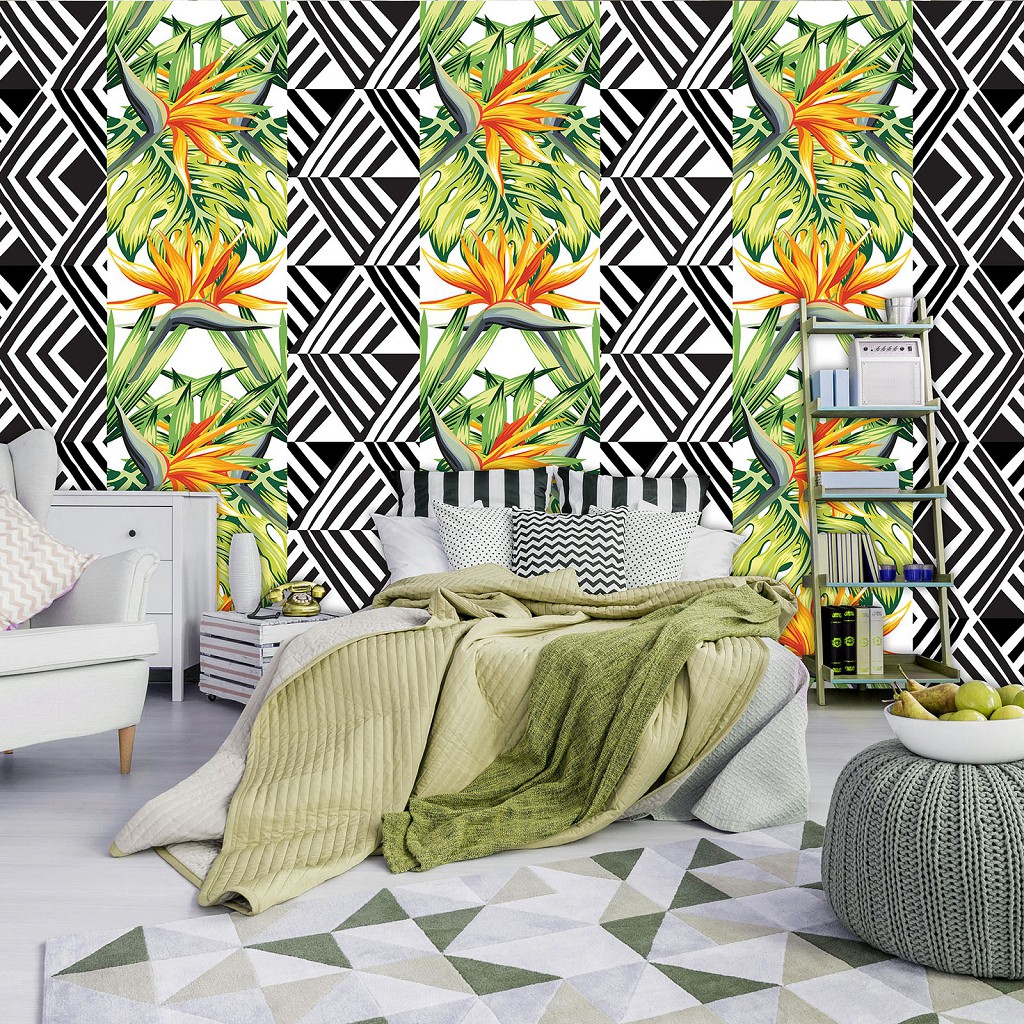 Флізелінові фотошпалери з геометрією 460x300 см Мозаїка з листя на чорному тлі (11059V12) +клей