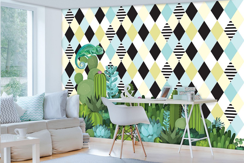 Флізелінові фотошпалери геометрія в дитячу квіти 416x290 см Хамелеон на кактуси на фоні ромбів (11086VEXXXXL) +клей