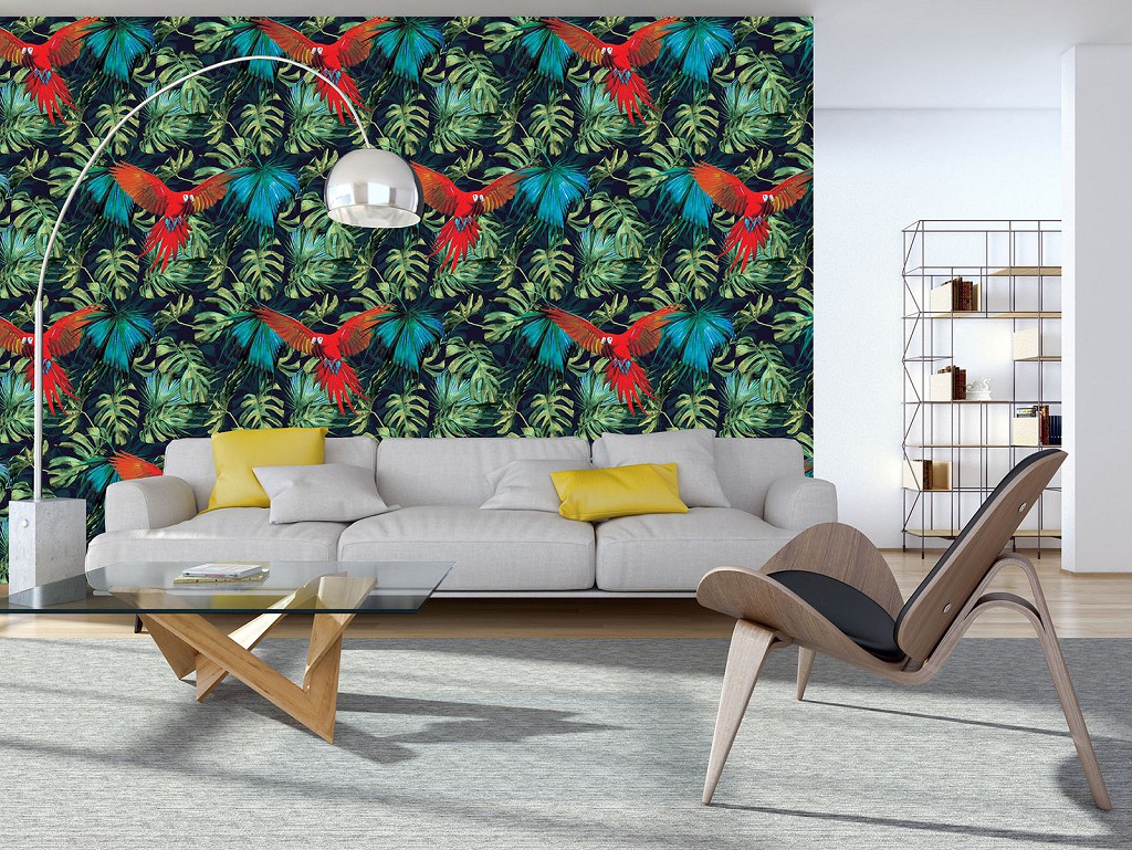 Птахи флізелінові фотошпалери на стіні 416x254 см Папуга на тлі зелених джунглів (11088VEXXXL) +клей