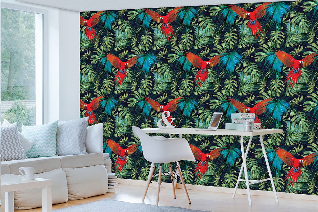 Флизелиновые фотообои с птицами для стен 416x290 см Попугай на фоне зеленых джунглей (11088VEXXXXL) +клей