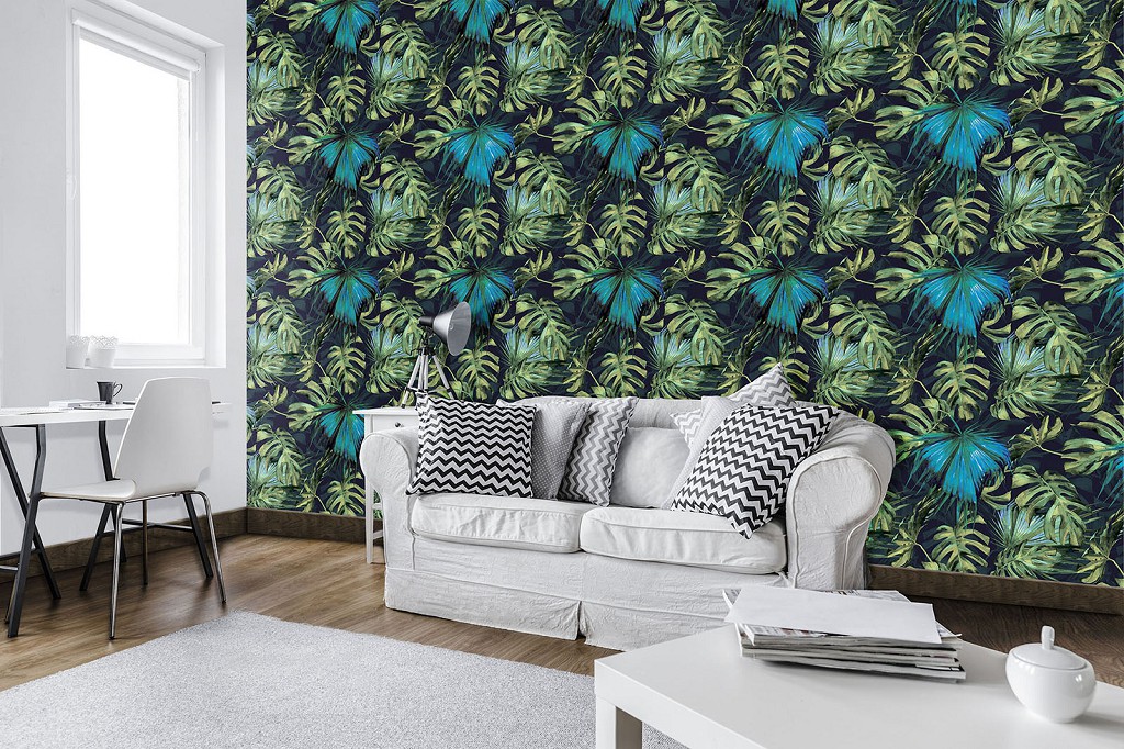 Флізелінові фотошпалери до спальні над ліжком 416x254 см Темно зелене листя джунглів (11100VEXXXL) +клей