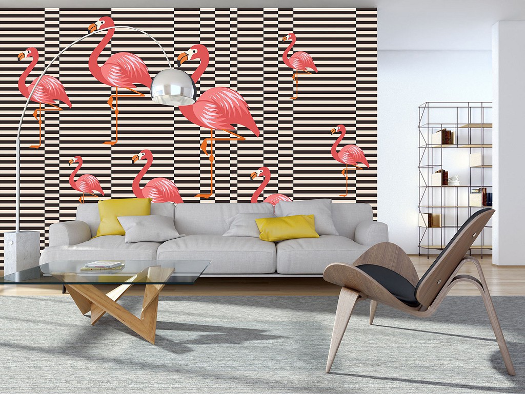 Флізелінові фотошпалери абстракція в інтер'єрі птахи 312x219 см Фламінго на чорному тлі ліній (11143VEXXL) +клей