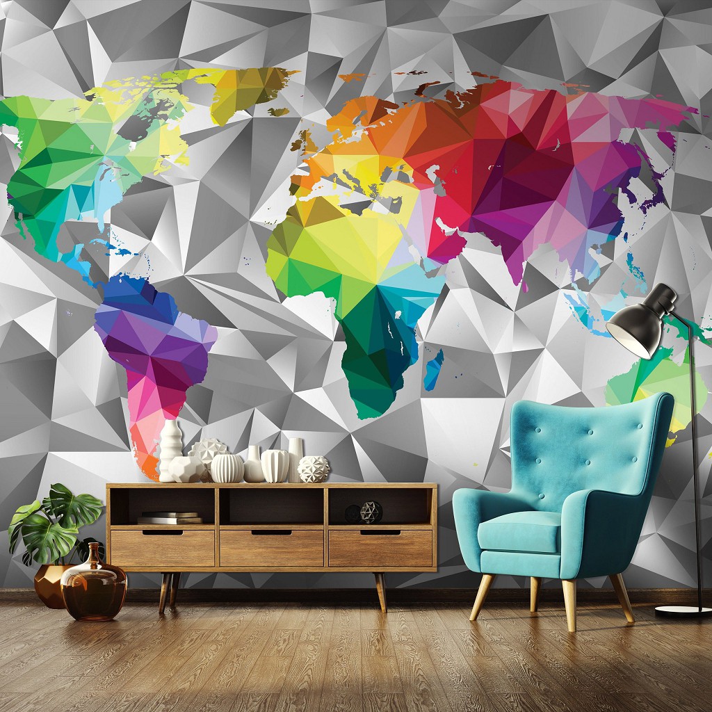 Флізелінові фотошпалери абстракція 416x290 см Барвиста карта світу на сірий фон (11189VEXXXXL) +клей