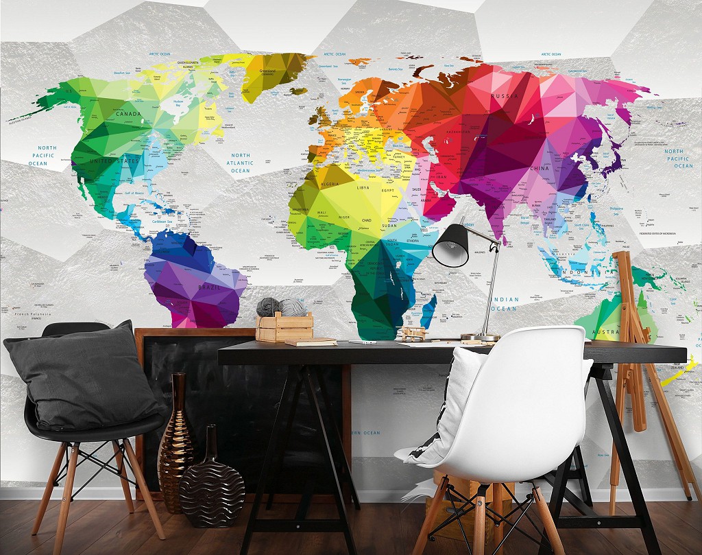 Флизелиновые фотообои фото 416x254 см Красочная карта мира на сером фоне (11190VEXXXL) +клей