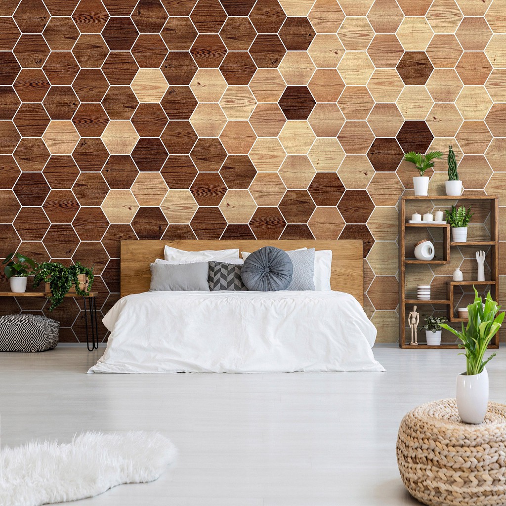 Флізелінові фотошпалери під дерево соти 416x290 см Мозаїка дошки темних відтінків (11201VEXXXXL) +клей