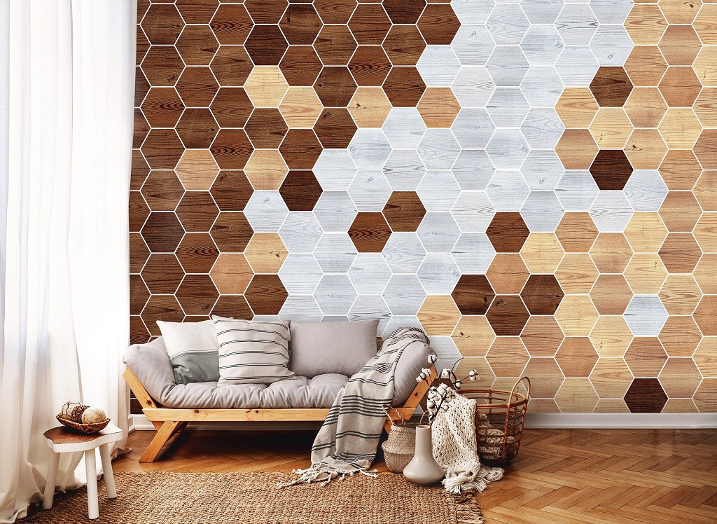 Флизелиновые фотообои под дерево соты 368x254 см Мозаика доски темных и светлых оттенков (11202V8) +клей