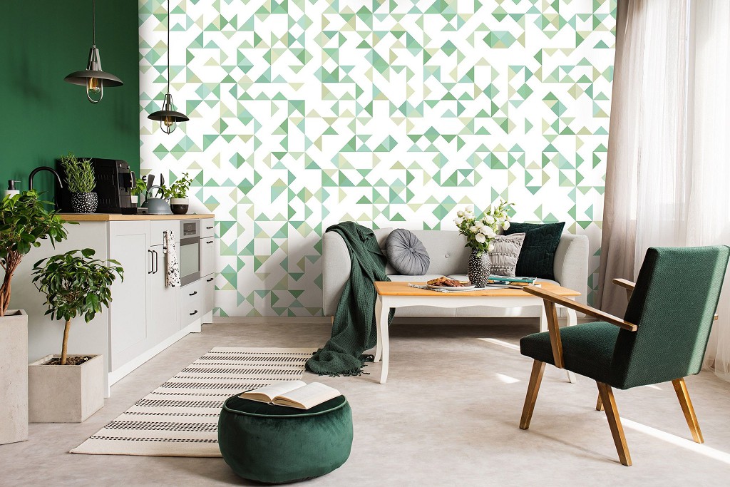 Флизелиновые фотообои абстракция в интерьере 368x254 см Светло зеленая мозаика в треугольниках (11213V8) +клей
