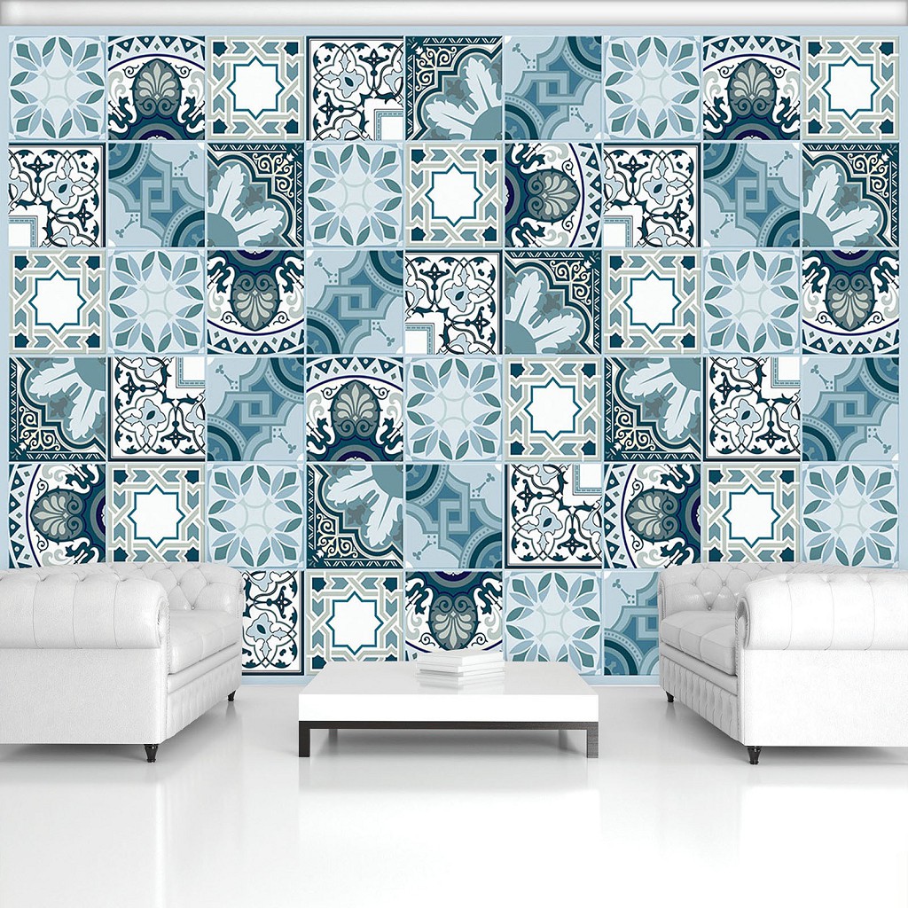 Флизелиновые фотообои абстракция в интерьере 416x254 см Светло синяя плитка в узорах (11219VEXXXL) +клей