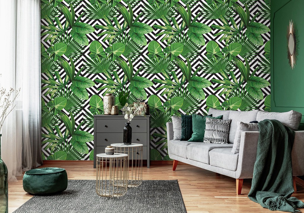 Абстракція флізелінові фотошпалери 416x254 см Зелене листя на тлі чорно-білої плитки (11229VEXXXL) +клей