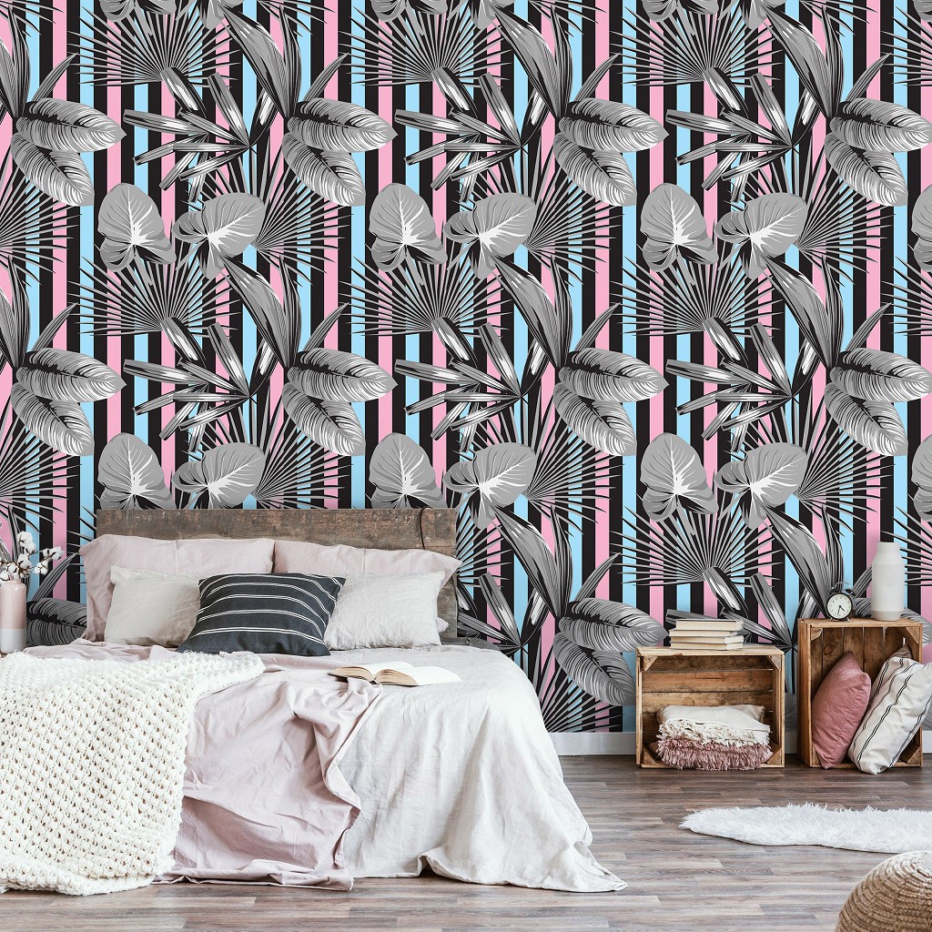 Флизелиновые фотообои абстрактные 368x280 см Листья на фоне разноцветных линий (11230V10) +клей