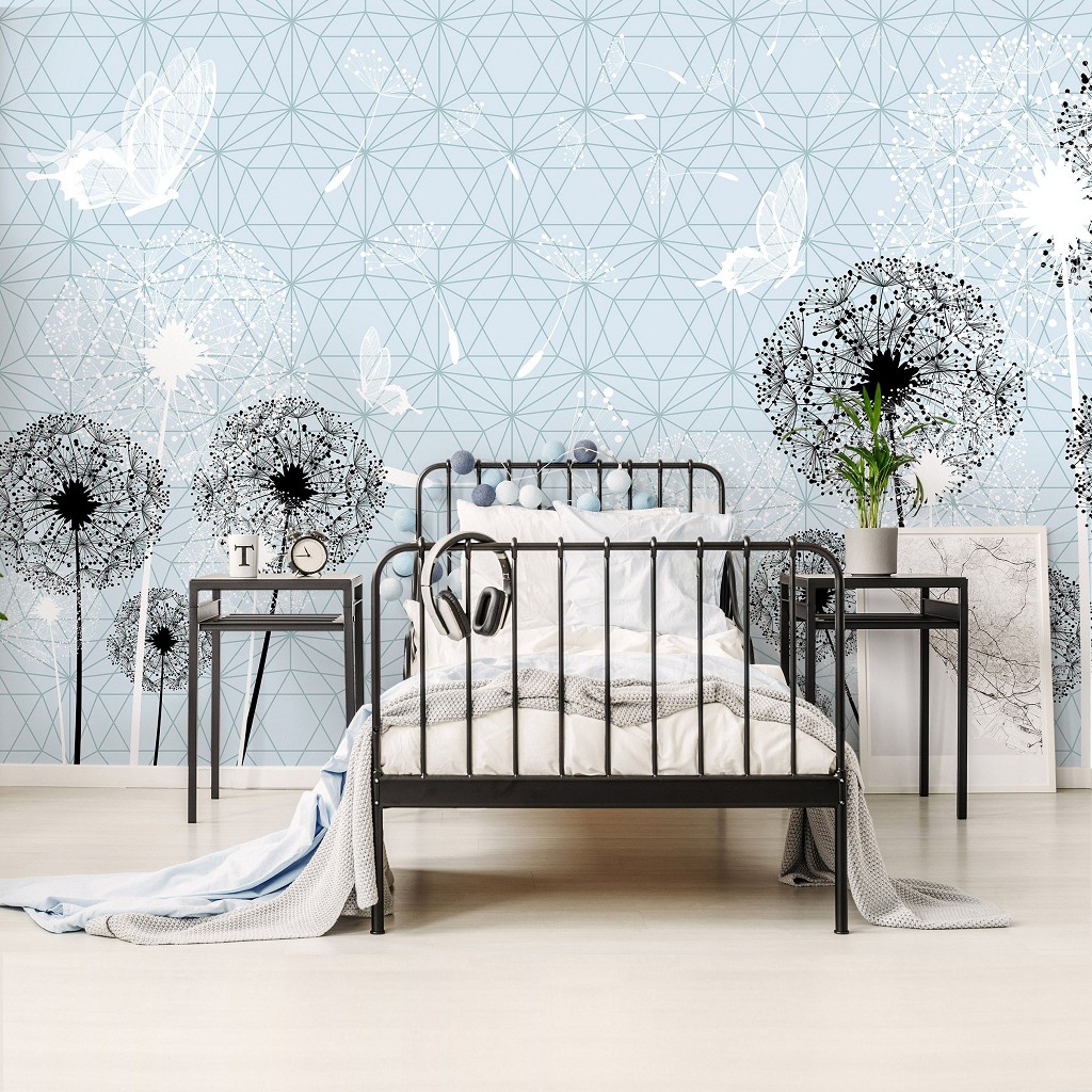 Флизелиновые фотообои цветы 312x219 см Черные одуванчики на светло синем фоне (11237VEXXL) +клей