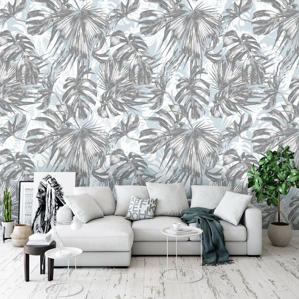 Флізелінові фотошпалери абстракція в інтер'єрі 312x219 см Тропічний лист на світлому фоні (11238VEXXL) +клей
