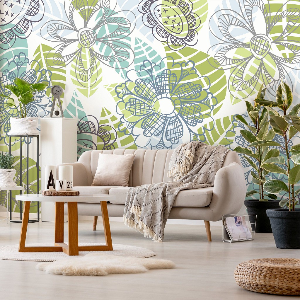 Флізелінові фотошпалери до спальні над ліжком квіти 312x219 см Різнокольорові листя на світлому фоні (11279VEXXL) +клей