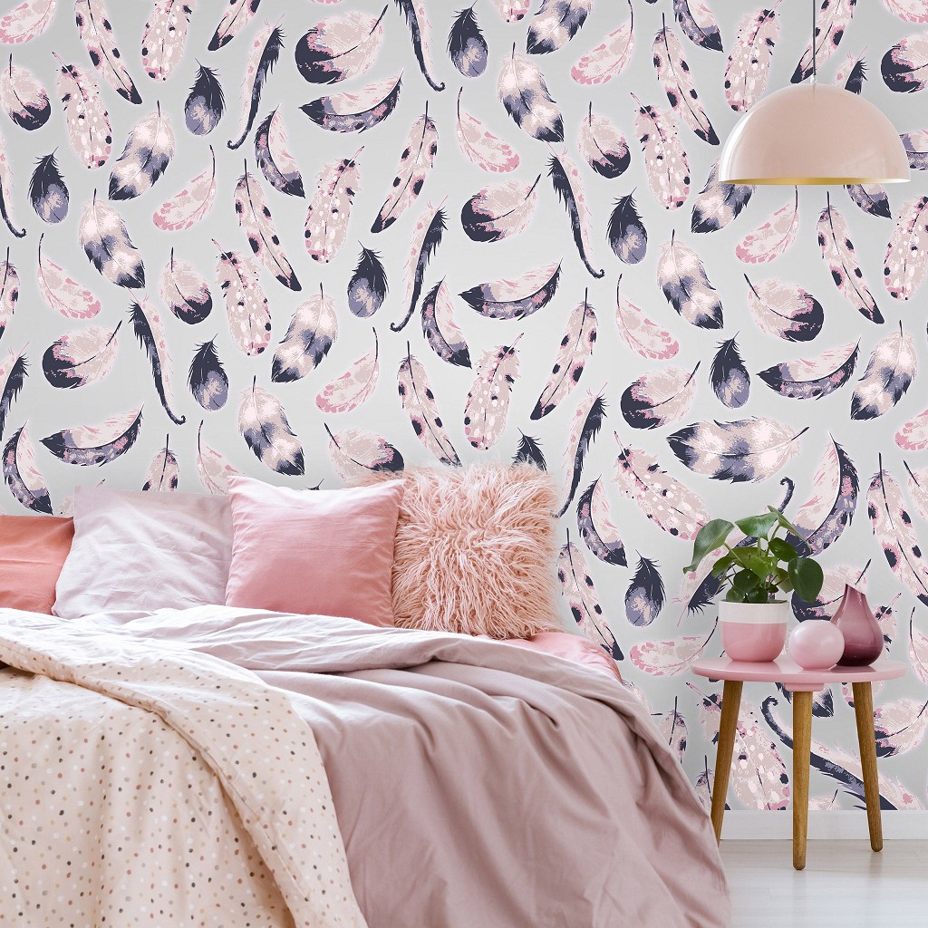 Флизелиновые фотообои в стиле модерн 368x280 см Абстракция темно розовые перья на сером фоне (11281V10) +клей