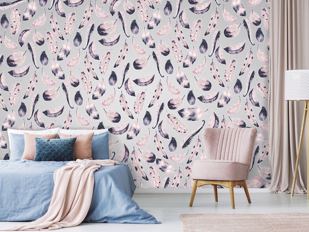 Флизелиновые фотообои в спальню 416x254 см Абстракция темно розовые перья на сером фоне (11281VEXXXL) +клей