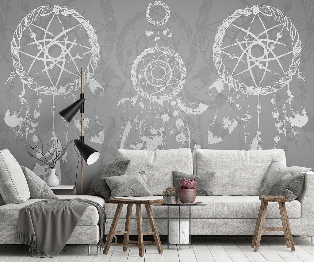 Флизелиновые фотообои белые перья 460x300 см Изображения белого ловца снов на сером фоне (11282V12) +клей