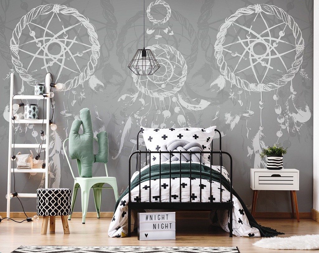 Перья флизелиновые фотообои 312x219 см Изображения белого ловца снов на сером фоне (11282VEXXL) +клей