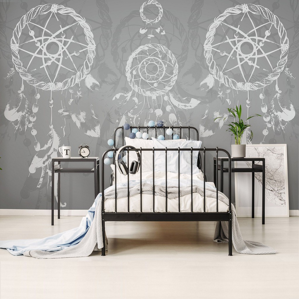 Пір'я флізелінові фотошпалери 416x254 см Зображення білого ловця снів на сірий фон (11282VEXXXL) +клей