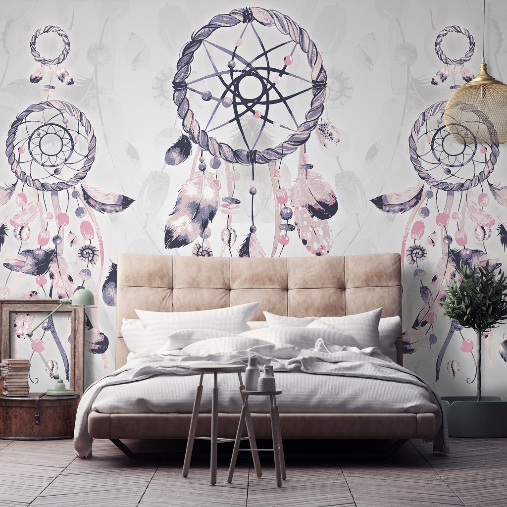 Флізелінові фотошпалери пір'я 416x254 см Темно рожевий ловець снів зображення на сірий фон (11283VEXXXL) +клей