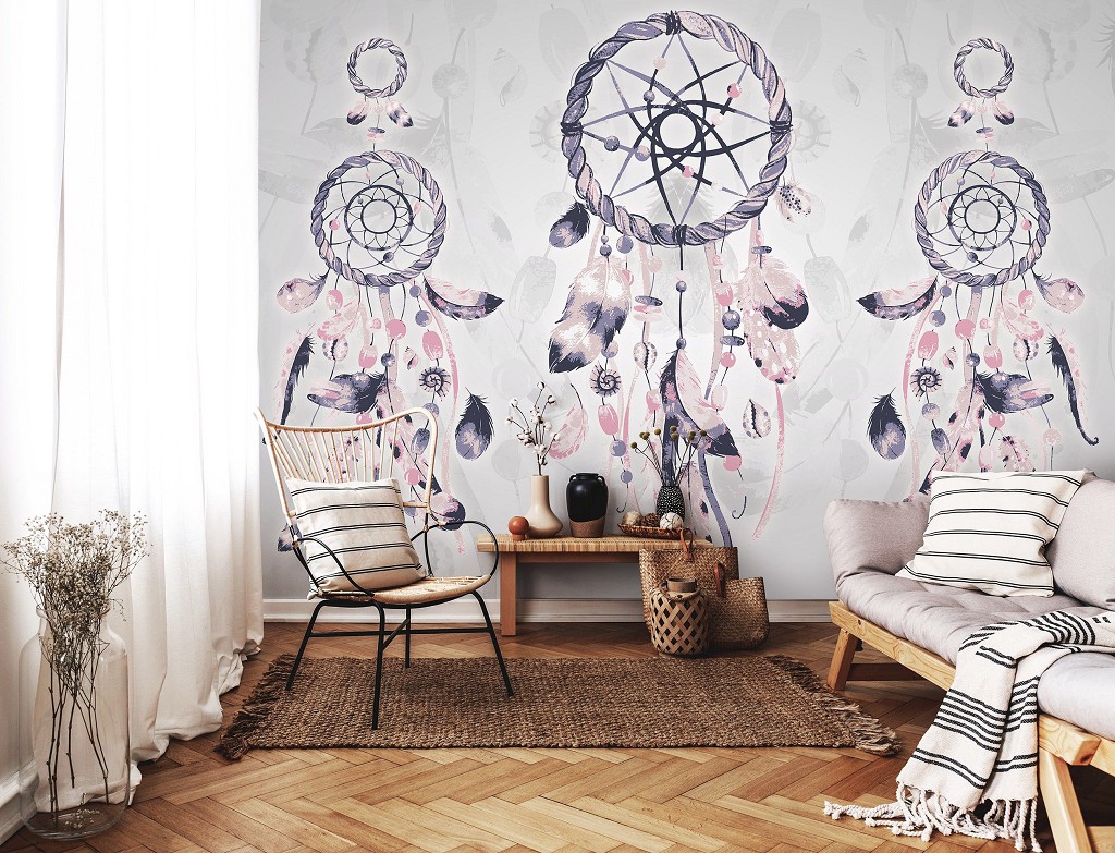 Флизелиновые фотообои искусство 416x290 см Изображения темно розового ловца снов на сером фоне (11283VEXXXXL) +клей