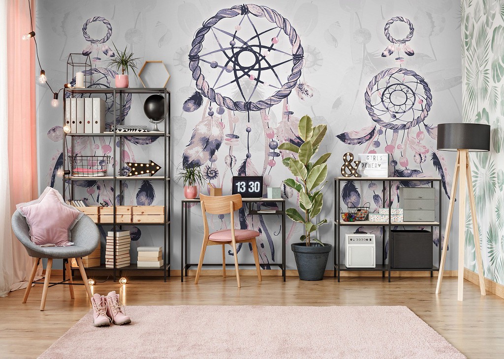 Флізелінові фотошпалери мистецтво 368x254 см Темно рожевий ловець снів зображення на сірий фон (11283V8) +клей